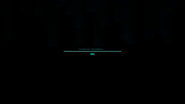 Cyan glowing progress bar 100 percent loading computer code background