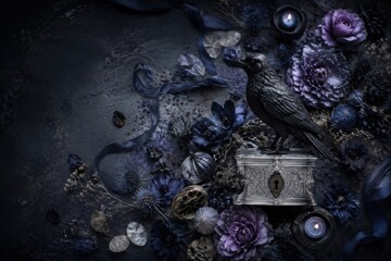 Fototapeta premium Gothic raven, purple flowers, antique chest, dark fantasy art