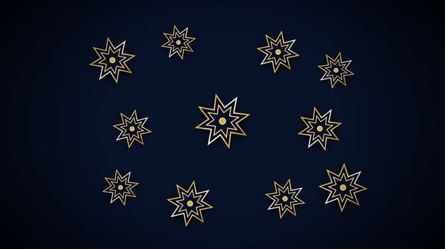 Floating golden eight-pointed stars against a deep navy blue background