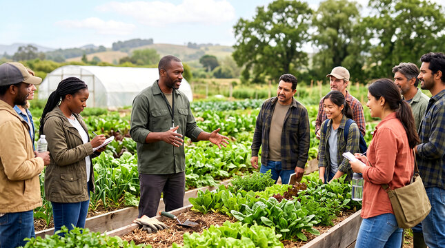 Stock photo of a Black male agricultural instructor leading farmers during sustainable farming training, diverse group collaboration and leadership, soft background, natural light, no logos.