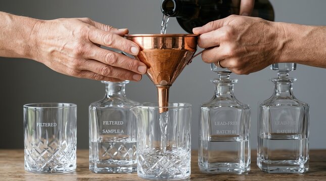 Close-up of hands expertly pouring a clear beverage from a dark bottle into a decorative glass decanter through a copper funnel, highlighting the precise art of decanting spirits or water