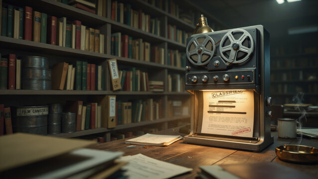 Vintage reel to reel tape recorder projecting a classified document on a desk in a library with base while surrounded recorder sits wooden dimly lit library investigation archive