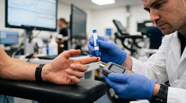 Healthcare professional pricking athlete finger for blood glucose test in clinic