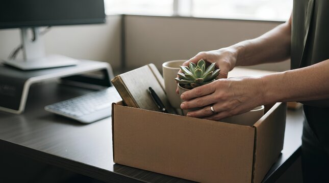 Close-up and minimalist. Unemployed concept, employee clear her stuff at office to move out after get layoff from company in recession.