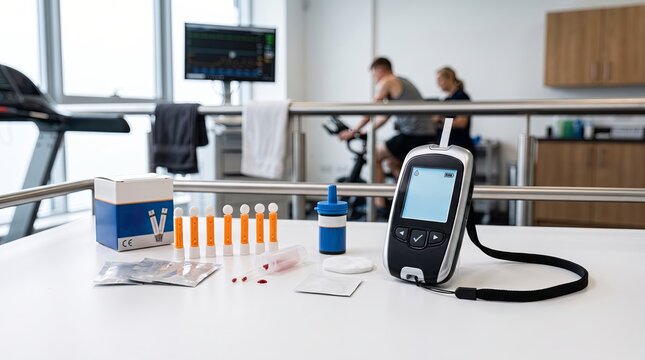 Blood lactate testing kit on table in clinical gym setting with athlete on stationary bike