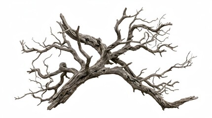 Fototapeta premium Gnarled tree branch lies isolated on a plain white background.
