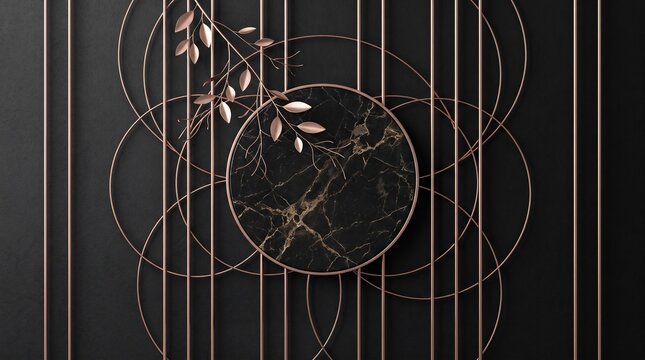 Luxury black marble podium backdrop with rose gold geometric circles and metallic leaf branch for product display