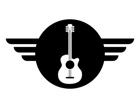Acoustic guitar with wings emblem logo design isolated on white background
