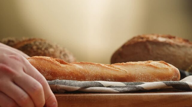Bread assortment close up, rustic sourdough loaf, whole grain seed bread and baguette on Mediterranean table, knife cutting artisan bread, Italian bakery