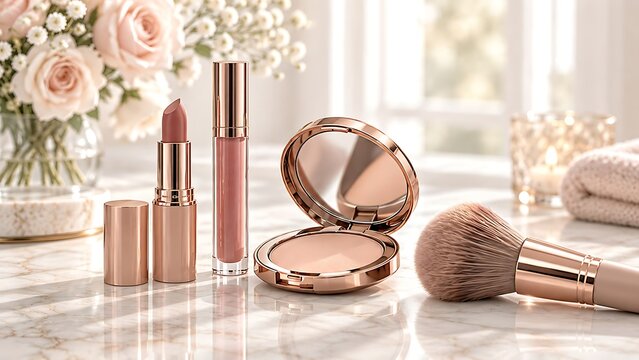 Premium cosmetics product display featuring luxury makeup items and brushes on elegant marble vanity