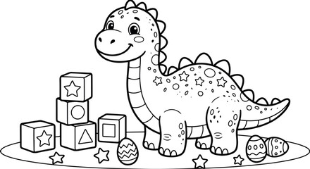 Cute Baby Dinosaur Toy Standing Beside Building Blocks and Eggs Outline Vector Illustration  © Setelar