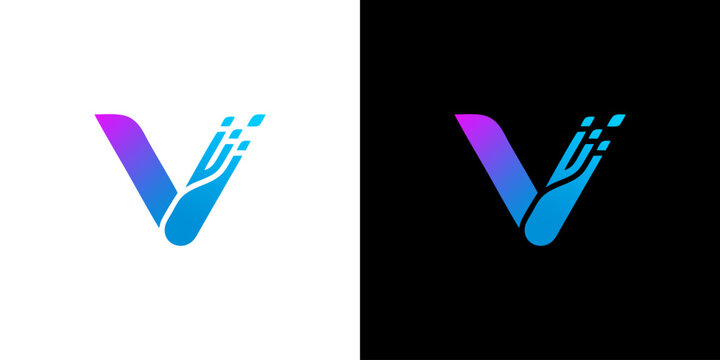 Modern digital letter V tech logo icon with pixel data particles in blue and purple gradient