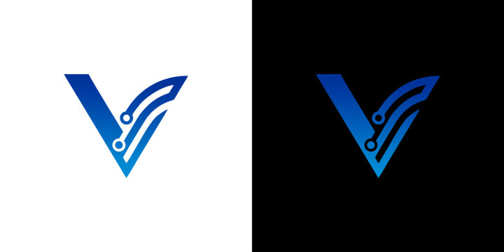Letter V Tech Logo Design Featuring Circuit Board Lines and Digital Nodes for Modern Technology Brand