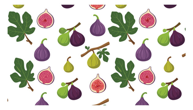 Seamless pattern of fresh purple and green figs with sliced halves and green leaves on a clean white background
