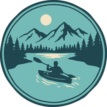 A retro style circular emblem illustration of a person kayaking on a calm river with mountains and pine trees in the background.