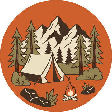 A vintage style round illustration of a campsite with a tent and a campfire in front of pine trees and mountains.