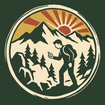 Vintage style illustration of a hiker exploring mountains with a compass at sunrise. Perfect for outdoor adventure gear and travel branding designs.