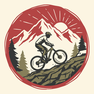 A stylish vintage circular badge featuring a mountain biker cycling on a rugged trail with mountains and forest in the background.
