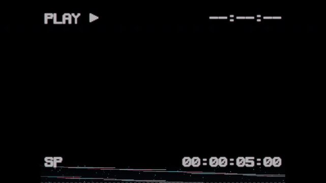 retro vhs glitch overlay screen with play icon timecode and analog static distortion for vintage video editing