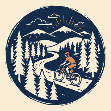 A stylish circular badge illustration featuring a mountain biker cycling on a forest path with majestic mountains in the background.