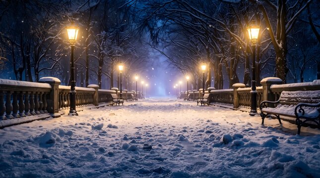 Snowy park walkway lit by vintage street lamps at dusk in winter