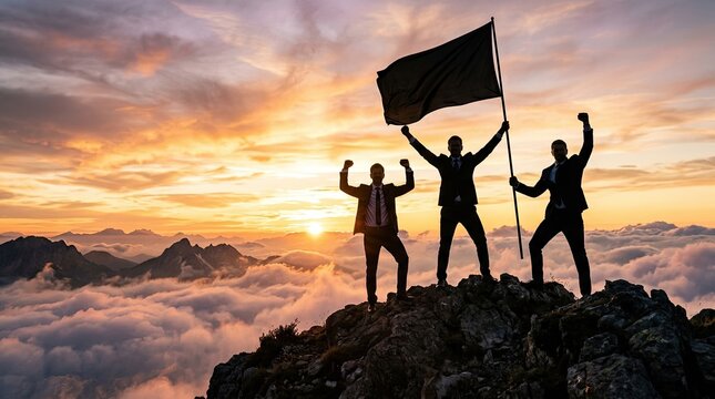 Three silhouetted people celebrate success waving a flag on a mountain peak