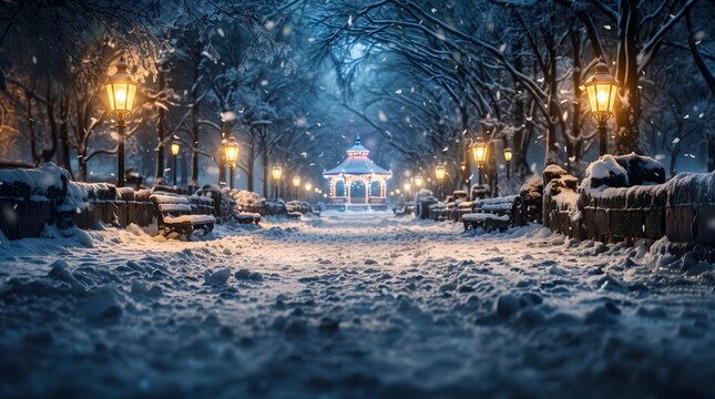Snowy winter park at night with glowing lamps and a lit gazebo