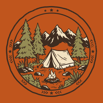 A retro style hand drawn illustration of a campsite with a tent and bonfire set against mountains and pine trees inside a circular emblem badge.
