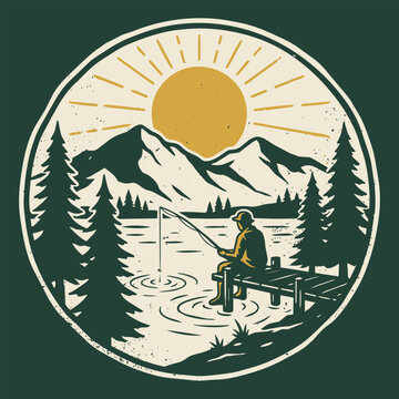 Retro badge design featuring a fisherman on a wooden pier with mountains and pine trees at sunrise perfect for outdoor apparel and adventure logos.