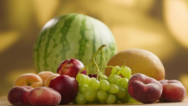 Watermelon, Grape green grapes with peaches and melon, fresh fruit assortment close-up macro shot