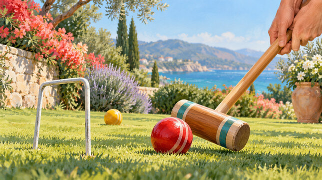 Manos golpeando pelota mediante mazo durante croquet vacacional