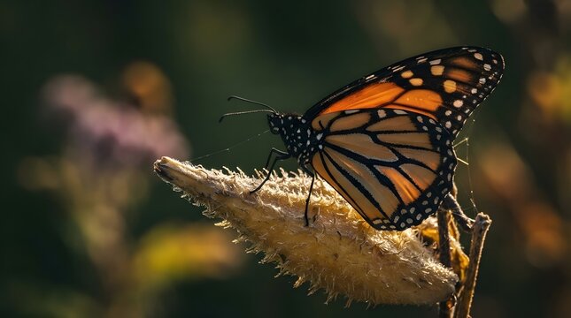 Monarch butterfly perched on a milkweed pod in soft morning light