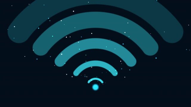 A stunning wifi spectrum loop showing a glowing router node emitting expanding curved wifi signal waves. Blue neon data packets stream upward into the network in this seamless technology background.