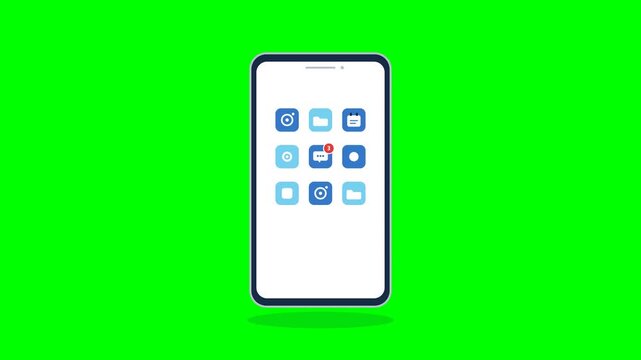 Professional 2D flat vector motion graphics animation of a smartphone app grid, emerging red notification badge with number 1 updating to 3, and fixed clean message icon pulse effect on solid green 