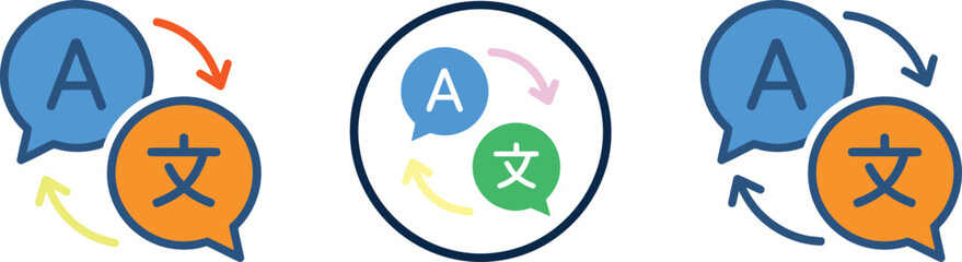 Translation service icons with speech bubbles and language characters speech bubble language exchange language learning translation icon talking bubble international communication dialogue © Tanvir Vexa