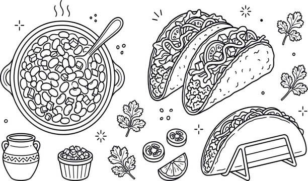 Mexican food taco bean pot cilantro lime tomato salsa bowl jug line art vector illustration on white background