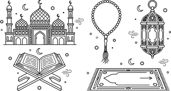 Islamic ramadan kareem line icon set with mosque quran holy book lantern prayer mat and tasbih beads vector