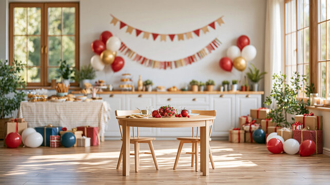Sunny Birthday Party Room With Gifts And Balloons