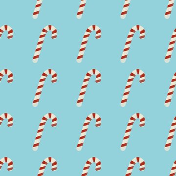 Seamless pattern with cute Christmas candy canes on light blue background, winter holiday vector illustration.