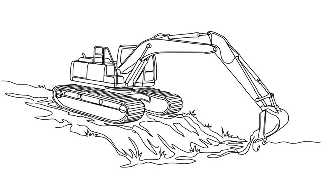 Excavator Digging Earth Isolated Construction Machine Line Art