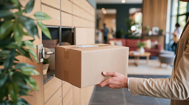 Woman Retrieving Delivery From Wooden Parcel Locker