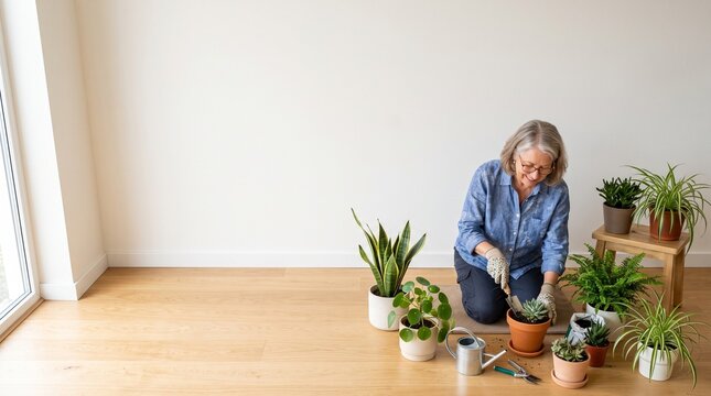 自宅のリビングで観葉植物の手入れを楽しむシニアの園芸趣味とアクティブシニア生活