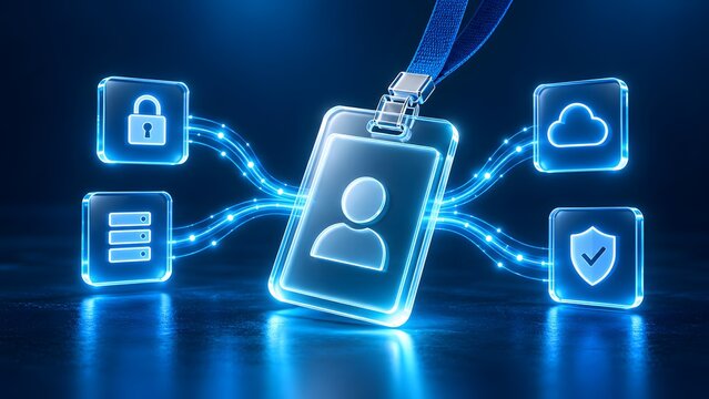 Glowing digital ID badge connected to cloud database and security icons, representing cybersecurity authentication and secure network access.