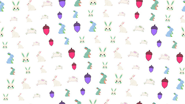 Cartoon rabbits and acorns seamless pattern