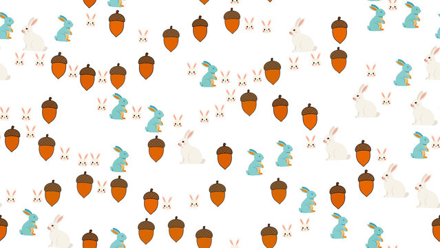 Cartoon rabbits and acorns seamless pattern