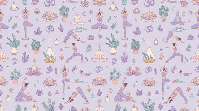 Yoga wellness seamless pattern with silhouettes in various poses on violet background