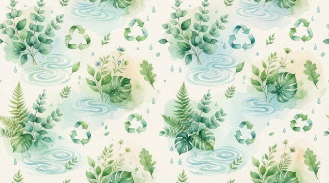 Seamless pattern of watercolor green leaves and recycle symbols for environmental design