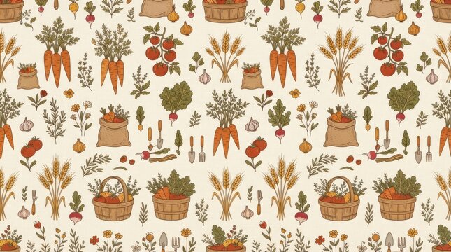 Seamless pattern of fresh farm vegetables and gardening harvest tools with organic food
