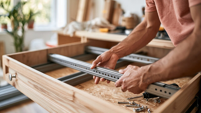 Furniture Assembler Aligning Metal Rails Inside Wooden Frame