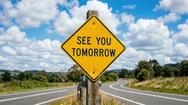 Yellow road sign reads see you tomorrow against a blurred scenic highway backdrop